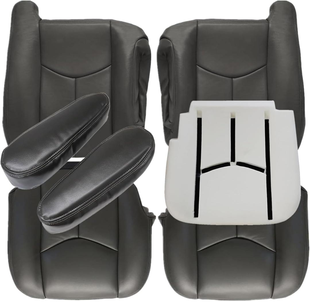 Priprilod Dark Gray Driver & Passenger Side Bottom & Top Lean Back Seat Cover & Driver Foam Cushion & Armrests Cover Fit for Chevy Silverado Tahoe Suburban Avalanche GMC Sierra Yukon XL 2003-2006