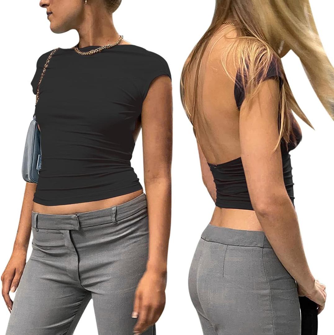 ForeFair Women Sexy Backless Short Sleeve Slim Fit Crewneck Summer Casual Y2K Crop Tee (Medium, Black)