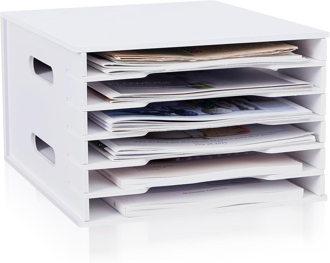 Juexica 6 Tier 8.5" x 11" Scrapbook Paper Organizer, White Cardstock File Organizer with Adjustable Shelves, Stackable Paper Trays, Desktop Storage Rack Document Holder for Desk Home Office