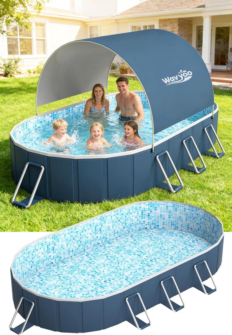 Foldable Pool with Canopy, 10ft NonInflatable Oversize Thickened Foldable Swimming Pool, Above Ground Pool for Adults, Easy Setup for Outdoor, Pool for Backyard, Outer Diameter 120”x88”x20”