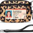 Keychain Wallet for Women Mini Zip Card Holder with ID Window Coin Purse Detachable Wristlet Small Wallets Yellow Leopard