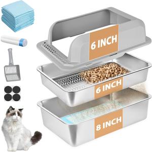 Homegroove Stainless Steel Sifting Litter Box for Pine Pellets, 23.6''x15.7''x14'' XXL Metal Cat Litter Box with Lid for Indoor Cats Pellet Sifter Litter Pan with Plastic Scoop &10 Urine Pads (8 Inch)