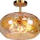 Brass Gold Semi Flush Mount Ceiling Fixture Large Hammered Glass Shade Modern Close to Ceiling Light 14" Art Lampshade for Hallway Foyer Bedroom (Amber Glass Shade, 14 Inches)