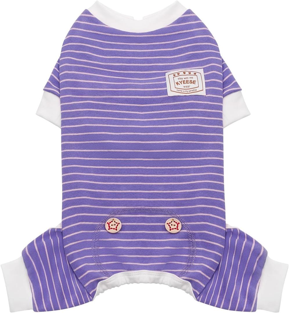 KYEESE Dog Pajamas Stretchable 4 Legs Doggie Jammies Striped Jumpsuit Lightweight Onesie Puppy Pajamas Cozy Outfit Comfortable Dog Clothes Hair Shedding Cover Pet Sleepwear,Purple Striped, Medium (Medium (11-15lbs))