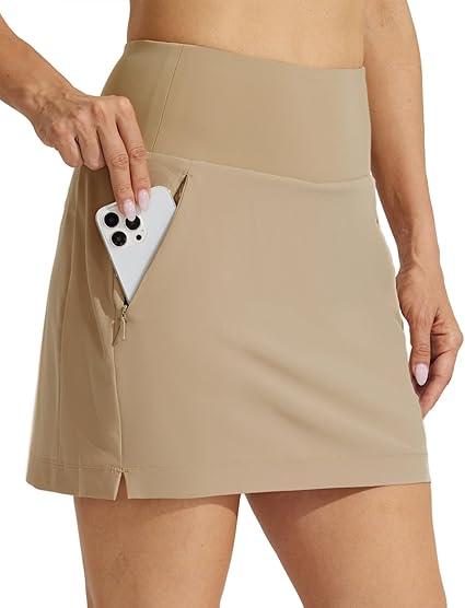 Willit Women's Golf Skirts Zipper Pockets High Waisted Stretchy Skorts Quick Dry Athletic Tennis Casual Skorts 8, Khaki