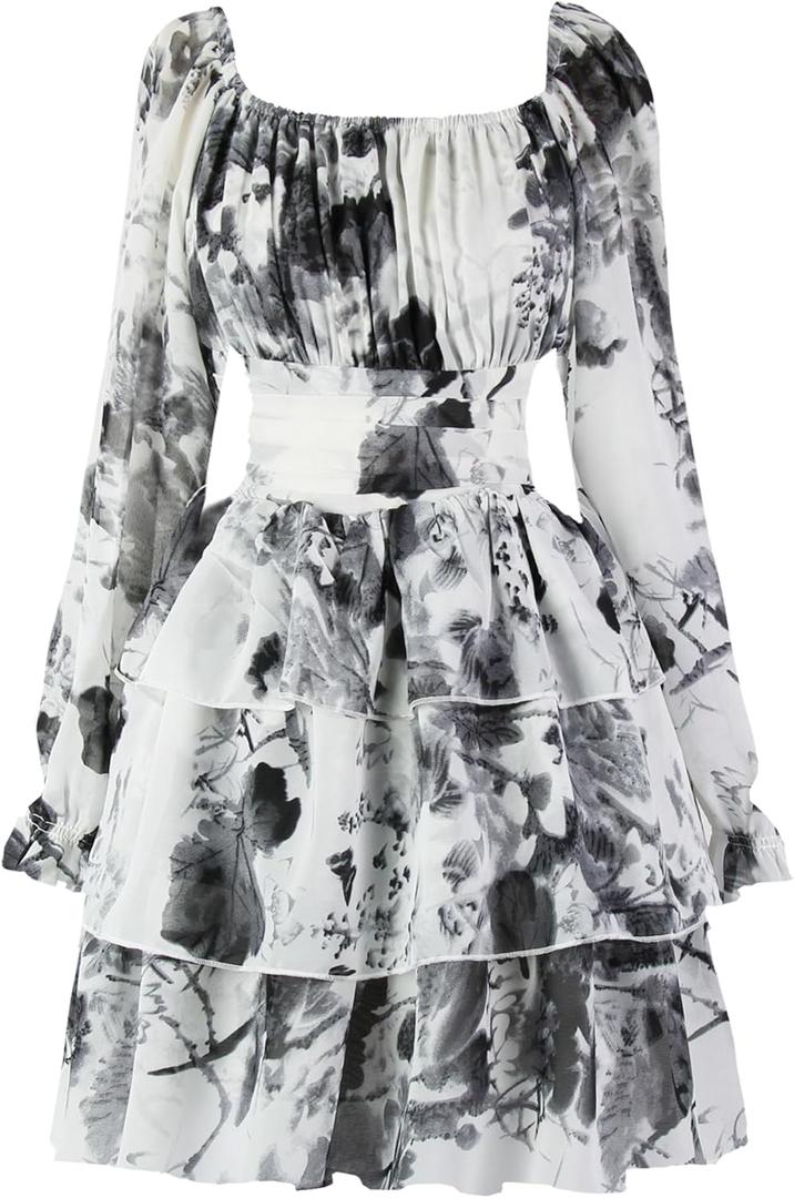 OBBUE Women's Summer Dress Tie Back Square Neck Aline Long Sleeve Layered Swing Mini Dresses, S