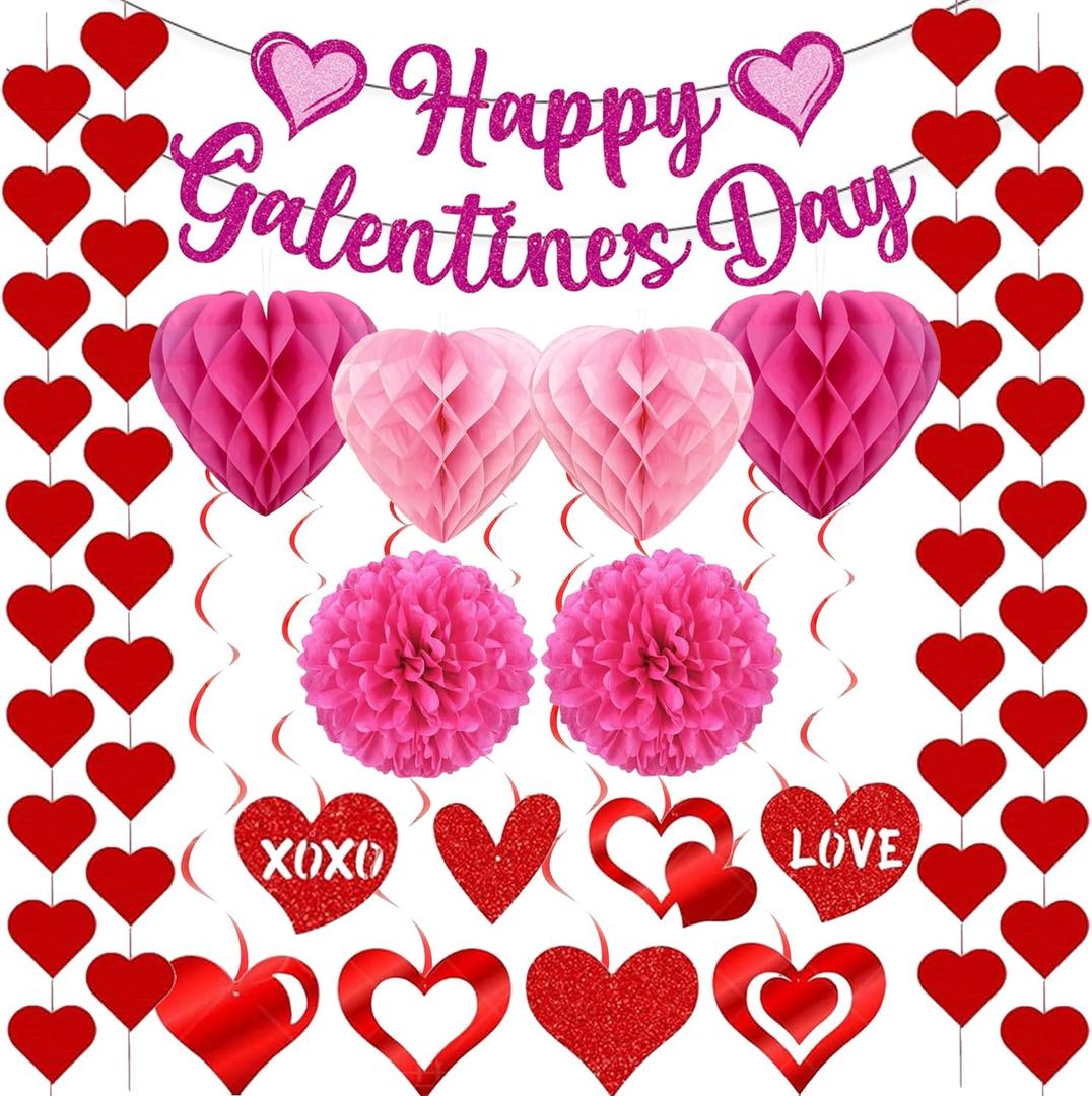 Happy Galentines Day Decorations Set, Happy Galentine's Day Banner, Heart Garland, Hanging Swirls, Heart Honeycombs, Paper Flower for Girls Women Happy Valentine Day Party Supplies Celebrating Ladies Decor