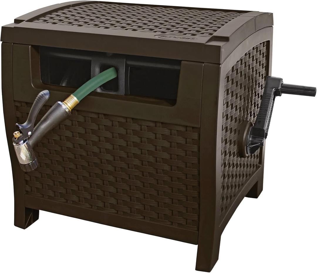 Suncast 175 ft. Wicker Style Resin Hose Hideaway with Hose Guide, Java, Mocha Brown