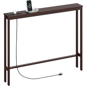 ELYKEN 5.9" Narrow Console Sofa Table with Power Outlets, 5.9" Dx39.4 Wx31.1 H Bamboo Behind Couch Table with Charge Station, Brown