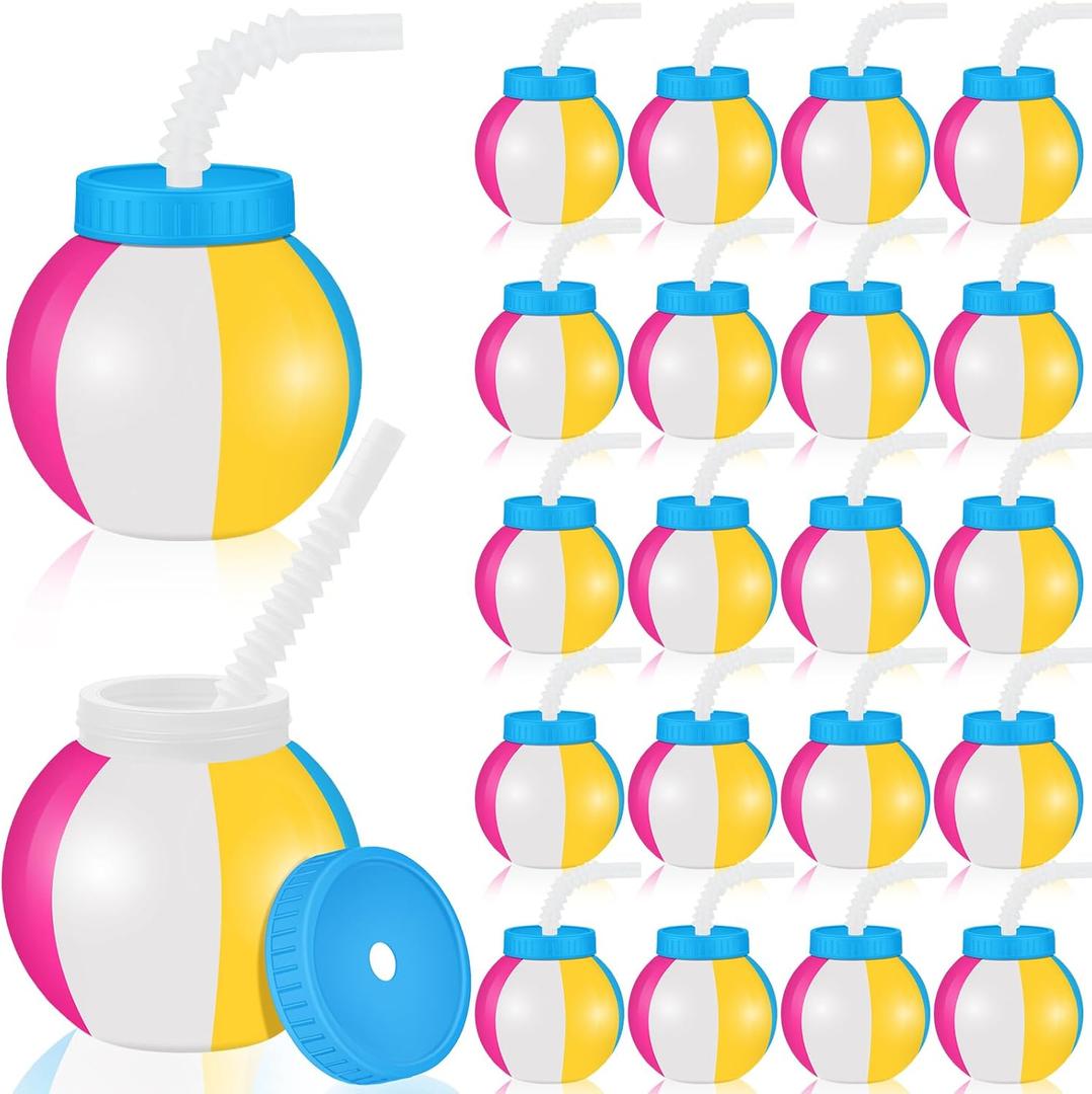 Nuanchu 20 Pcs 14 oz Summer Beach Ball Cups with Straws and Lids Plastic Sipper Reusable Party Cups Bulk Beach Summer Theme Party Favor for Kids Birthday Sports Theme Supplies