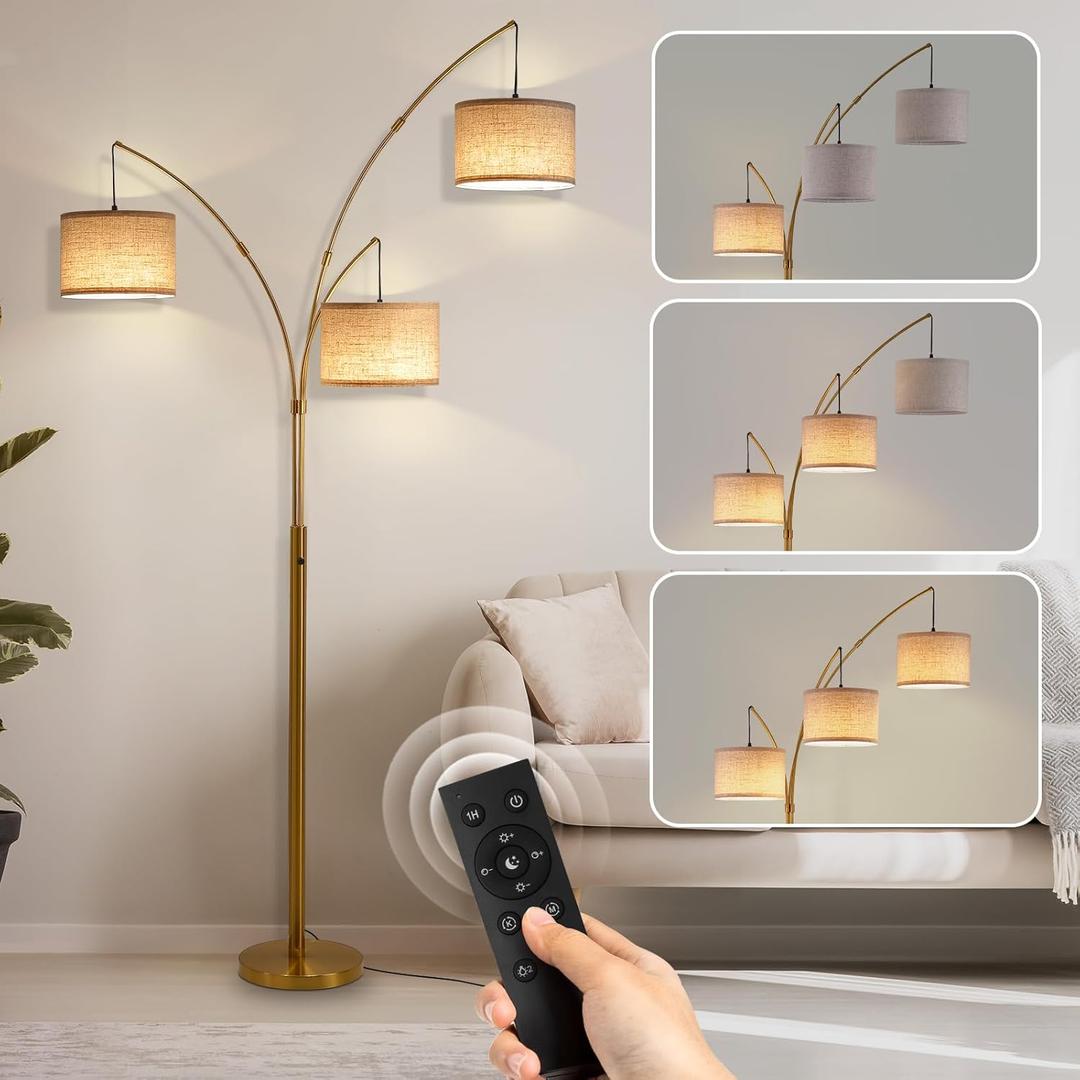 Gold Floor Lamps for Living Room, Super Bright Arc Floor Lamp with Remote Control, 3 Light Tall Floor Lamps with Stepless Dimmable, 80" Mid Century Tree Floor Lamp for Bedroom, Office (Gold-Linen Shade)