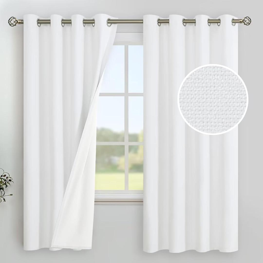 YoungsTex White Linen Blackout Curtains 63 Inch Length for Bedroom, Thermal Insulated Winter Drapes with Grommet Room Darkening Energy Saving for Living Room, 2 Panels, 52 X 63 Inch