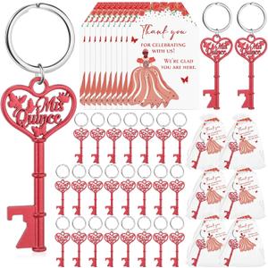 50 Sets Quinceanera Party Favors for Guests Butterfly Bottle Opener Keychain Thank You Tag Organza Bag Sweet 15 Years Quinceanera Gifts for Mis Quince Birthday Party Supplies (Red)
