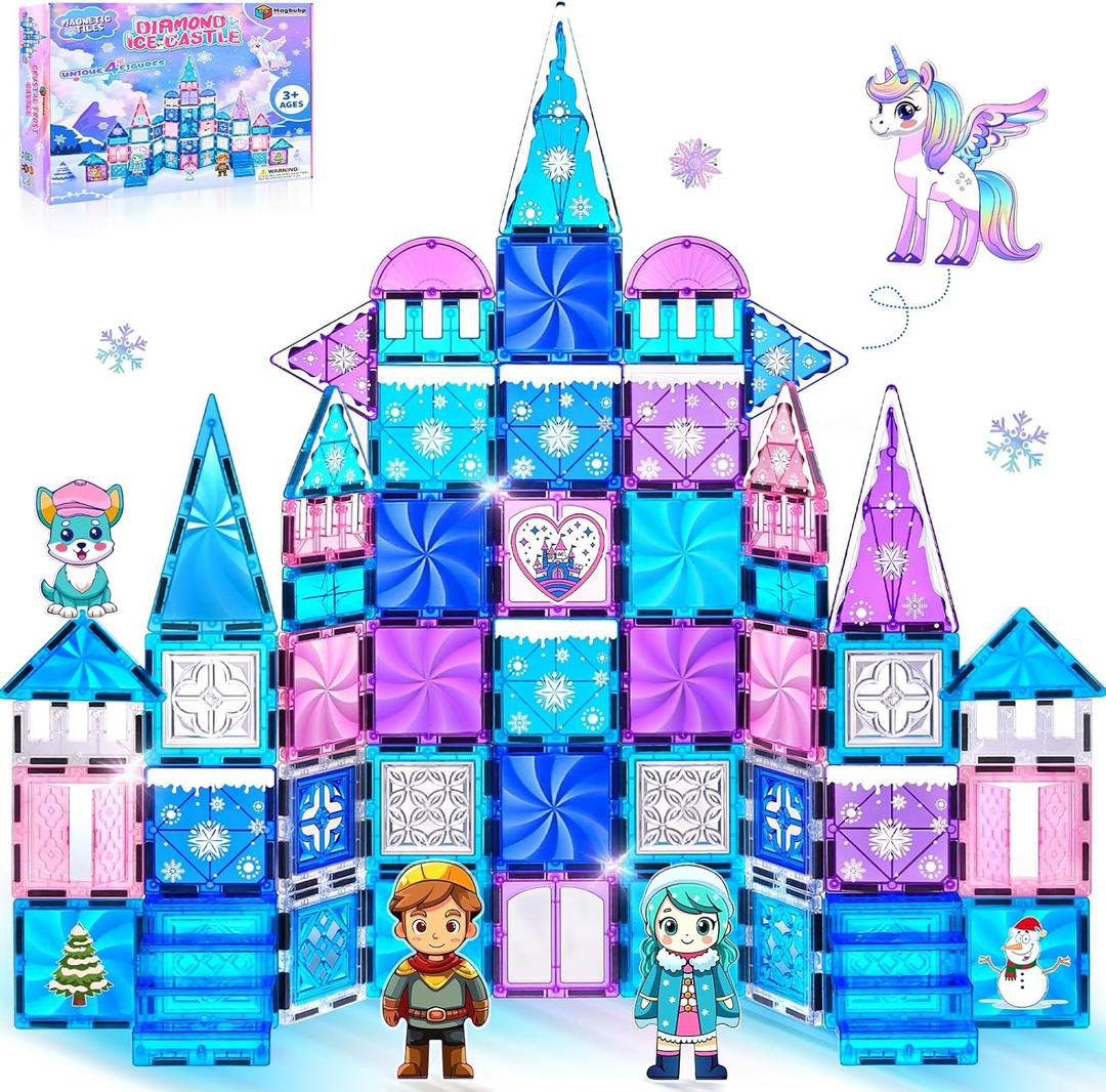 Princess Castle Magnetic Tiles 112PCS with 4 Dolls 2 Stairs & Magnetic Art Decors Kit, Diamond Blocks Magnet Tiles for Kids 3-5 4-8-12, Magnet STEM Princess Toys for 3 4 5 6 7 8+ Girls Kids Xmas Gifts