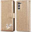 QLTYPRI for Samsung Galaxy S22 Wallet Case Bling Shiny Glitter Flip Folio Case Full-Body Protective Cover Card Slots Magnetic Closure Kickstand Wrist Strap for Women Girls S22 - Gold