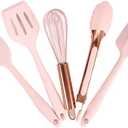 Collfa Rose Gold And Pink Kitchen Utensil Small Five-Piece Set Mini Silicone Kids Kitchen Tools Whisk Spatula Tongs Spoon And Slotted Spatula(Kids Baking Supplies)
