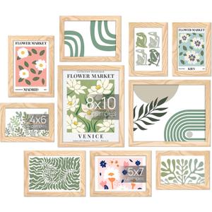 Upsimples 10 Pack Picture Frames Collage Wall Decor for Mounting or Tabletop Display, Photo Gallery Frame Set for Family, Multi Sizes Including 8x10, 5x7, 4x6, Natural