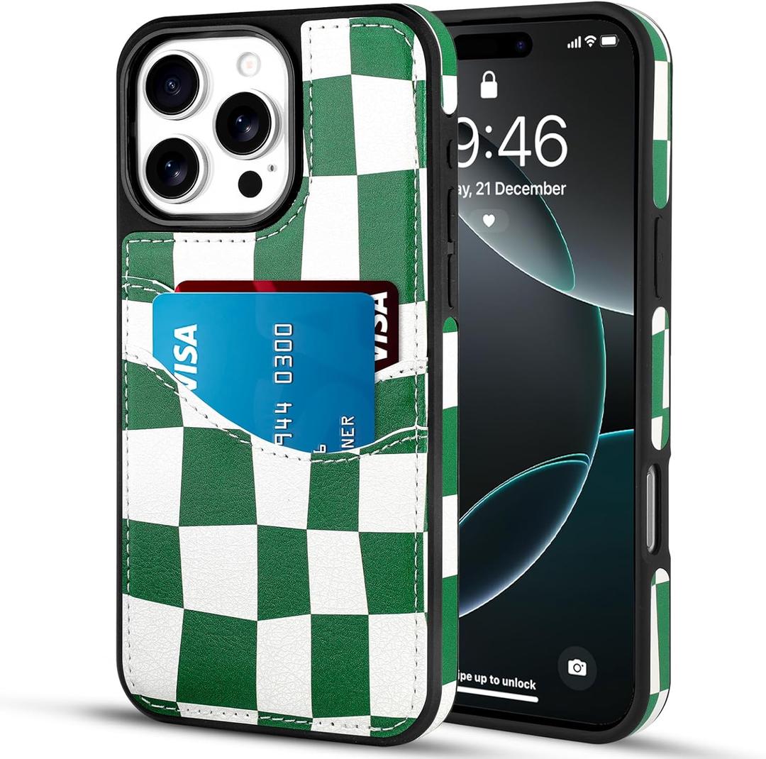 SOKAD Checkered Wallet Case for iPhone 16 Pro with Card Holder, Cute Checkerboard Design for Women Girls, Slim Soft Leather 2 Card Slots Protective Shockproof Phone Case, Green