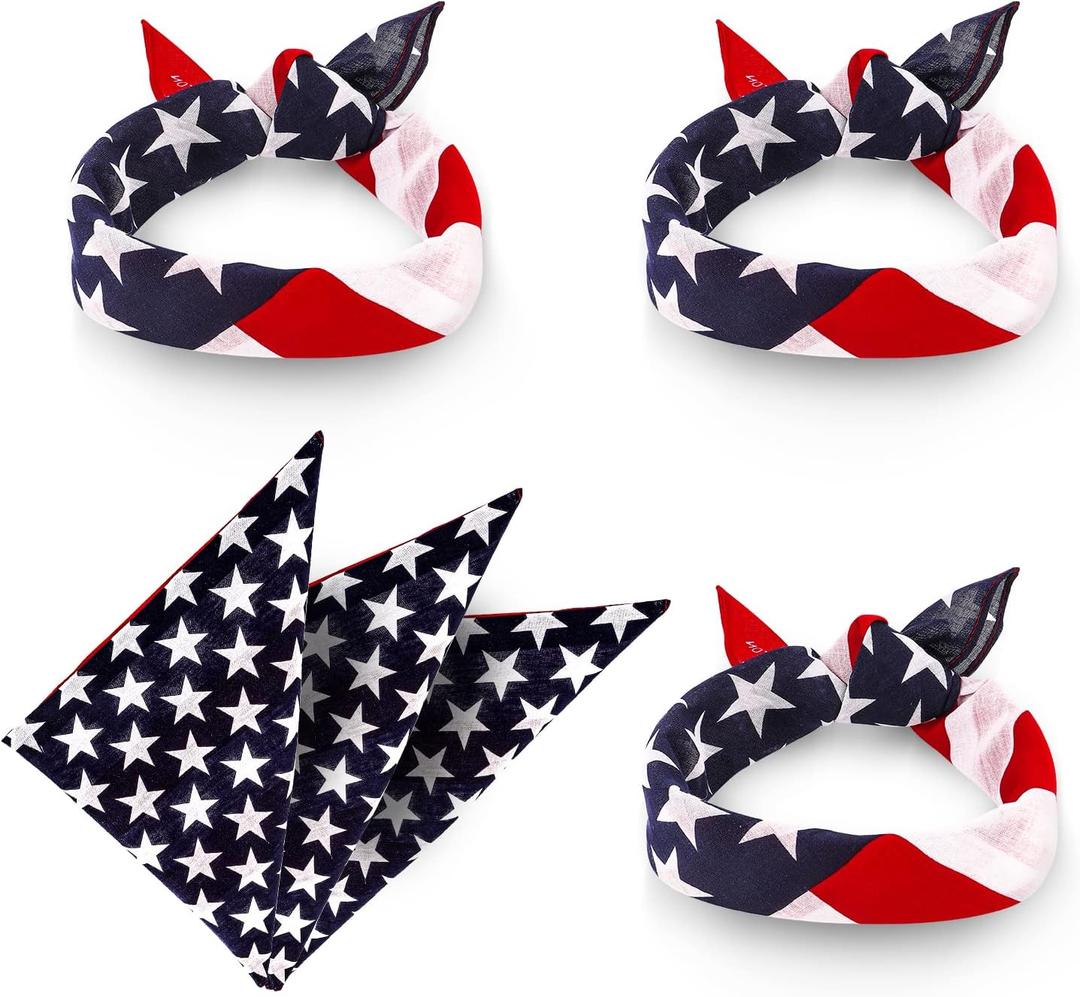 Lusofie 3 Pieces American Flag Bandana USA Flag Pattern Headband Kerchief Unisex Cowboy Bandanas Patriotic Accessories