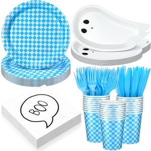 Yungyan 144 Pcs/24 Set Halloween Paper Plates and Napkins Boo Ghost Plates Blue Cups with Forks and Knife Halloween Party Tableware Set for Spooky Birthday Party Decoration Boo Baby Shower