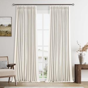 Linen 100% Black Out Pinch Pleated Curtains 110 Inches Long for Bedroom Boho Farmhouse Pinch Pleat Blackout Drapes with Liner Living Dining Room Thermal Insulated Room Darkening Curtain 40X110