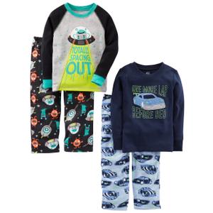 Simple Joys by Carter's Boys' Toddler 4-Piece Pajama Set (Cotton Top & Fleece Bottom), Aqua Blue Trucks/Black Dinosuar/Cobalt Blue/Grey Construction, 4T 