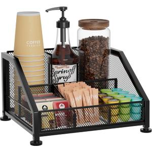 SWTYMIKI Coffee Bar Organizer for Countertop  Space-Saving Kcup Organizer with Tiered Shelves, Countertop Coffee Station for Pods, Sugar, Syrup, Cups, Stirrers, Mesh Condiment Storage