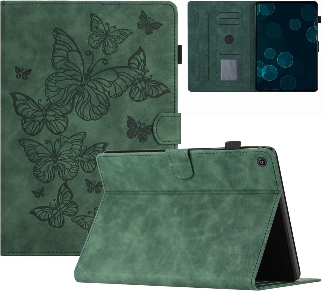 KEROM Fire HD 10 Case (9th/7th/5th Generation, 2019/2017/2015 Release), Embossed Suede Leather Folio Stand Protective Cover for Fire HD 10 Tablet (Older Versions), Auto Wake/Sleep - Green Butterfly