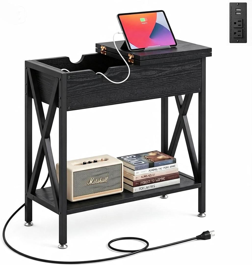 Flip Top End Table with Charging Station, 12" D x 24" W x 24" H, Black