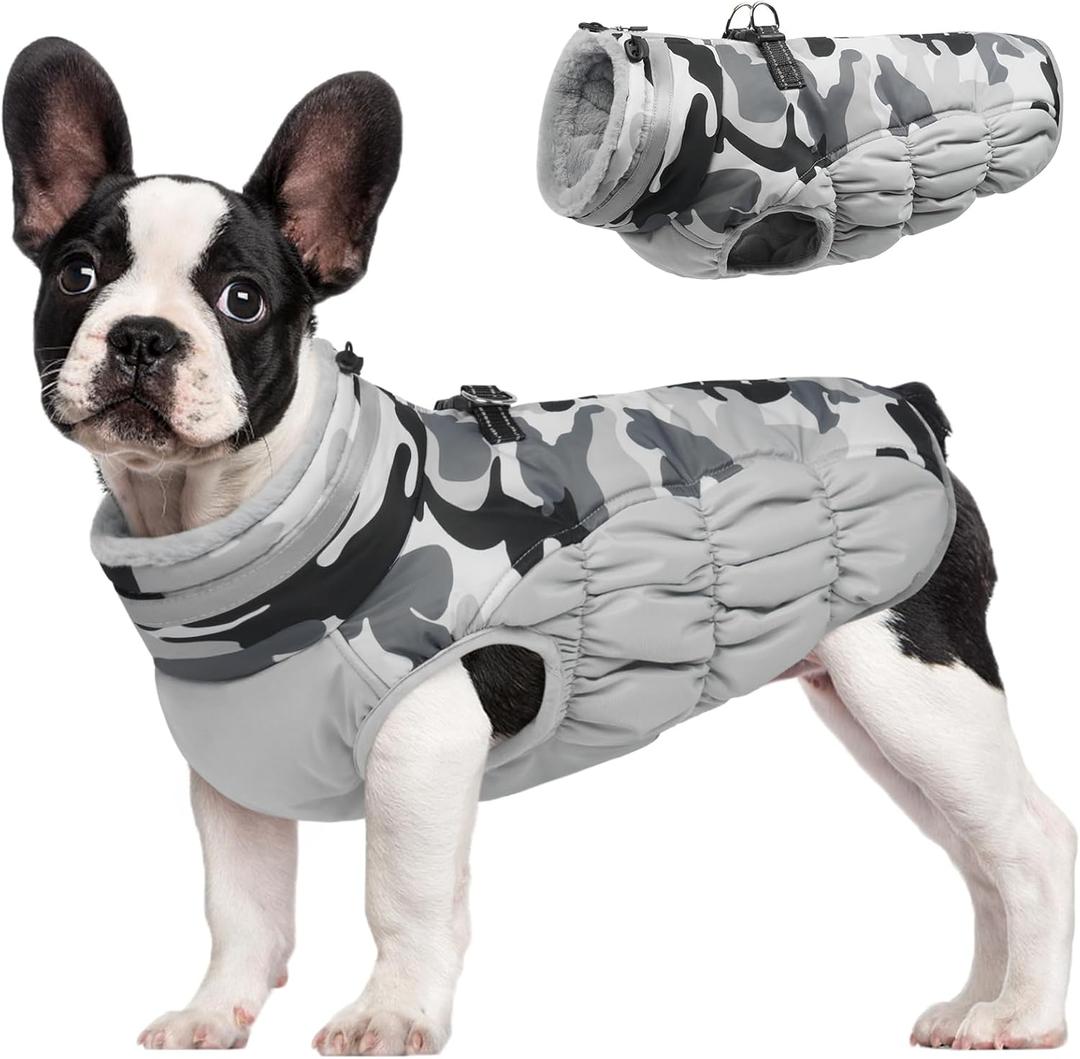 FUAMEY Dog Coat for Medium Dogs,Waterproof Dog Winter Jacket with Harness Built in Puppy Cold Weather Coats Reflective Pet Vest with Zipper Warm Fleece Dogs Snowsuit Windproof Grey Camo M (M(chest:21in))