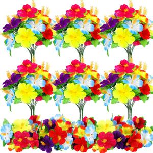 Hotop 6 Pcs Hawaiian Flower Bouquet for Tables Faux Hibiscus Flowers Bouquet Artificial Fake Tropical Flowers for Luau Summer Themed Party Favors Home Office Garden Decoration Supplies