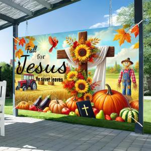 Fall Thanksgiving Backdrop Banner 71x43 Inchs Fall for Jesus He Never Leaves Backdrop Autumn Pumpkin Sunflower Thanksgiving Party Supplies Banner Autumn Theme Outdoor Decor