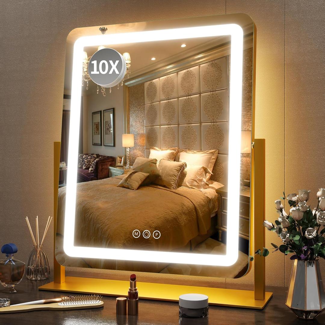 FENNIO Vanity Mirror with Lights 22 Inch- LED Lighted Makeup Mirror,Large Makeup Mirror with Lights,Touch Screen with 3-Color Lighting,Led Mirror Makeup,Dimmable(Gold)