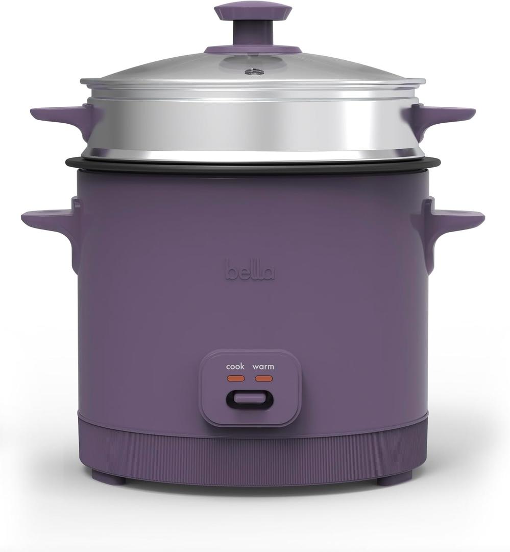 bella 16 Cup Rice Cooker with Steamer, Dishwasher Safe Steaming Basket, Rice Paddle and Measuring Cup, Removable Nonstick Cooking Bowl, Automatic Keep Warm Function, 400 Watt, Plum