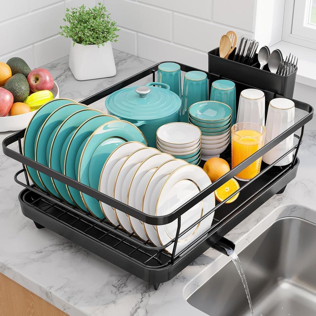 Sakugi Stainless Steel Dish Drying Rack for Kitchen Counter, Sink Organization and Storage Essentials with Silverware & Utensil Holder, Home and Apartment Decor, 12''W x 15.5''L, Black