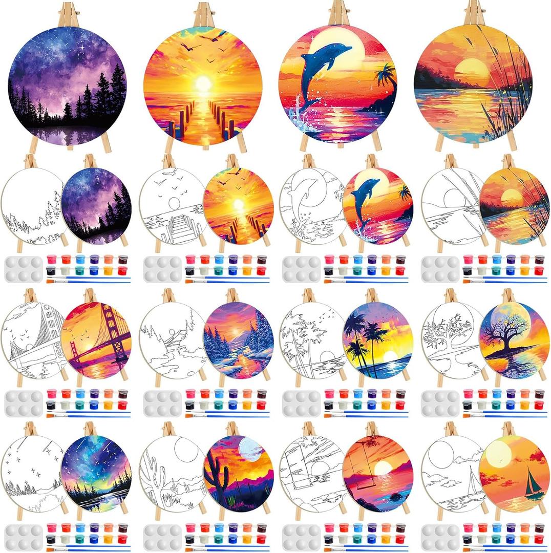 Supervitae 72 Piece Landscape Round Pre Drawn Canvas Kit 5.9" Paint and Sip Kit for Adults Painting Party Pre Printed Canvas DIY with Pictures Paints Easels Brushes for Party Gifts