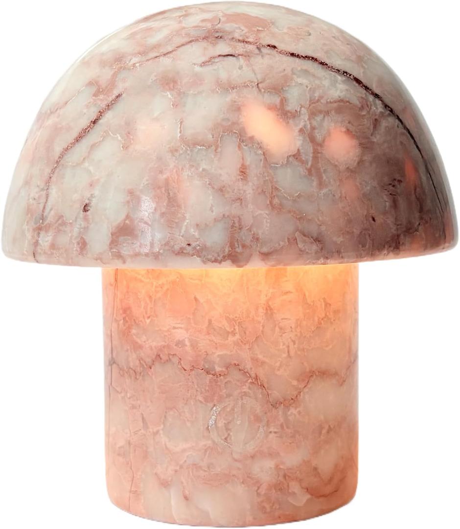 Marble Mushroom Table Lamp - Small Rechargeable USB-C Cordless Touch-Dimmable Night Light, Hand-Polished Natural Stone, 4.3"x4.7" (Red Dragon Onyx)