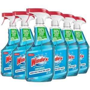 Windex Glass and Window Cleaner Spray Bottle, Bottle Made from 100% Recycled Plastic, Surface Cleaning Spray, Original Blue Scent, 23 Fl Oz (Pack of 6)