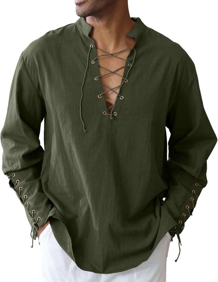 Men's Cotton Linen Shirt Drawstring Arm Banded Tops Medieval Viking Pirate Renaissance Halloween Costume (Medium)