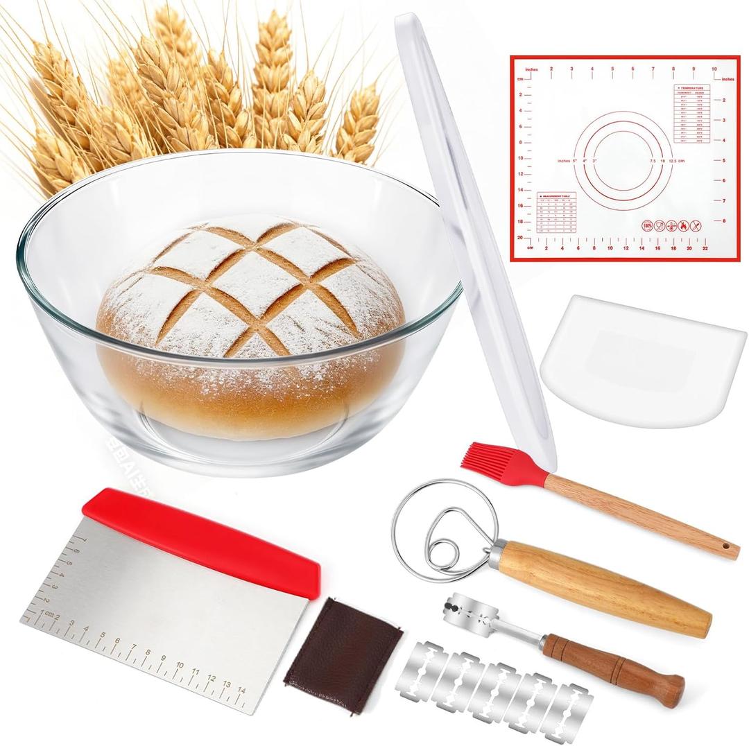 7 Pcs Large Glass Bowl for Sourdough Bread starter 4.7 Quart Glass Mixing Bowl for Sourdough Bread with Lid Sour Dough Breads Baking Supplies Clear Proofing Bowls Include Sour Dough Making Tools