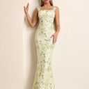 EYNMIN Women's Summer Floral Maxi Dress Square Neck Sleeveless Mesh Bodycon Long Wedding Guest Dresses (Green, XL)