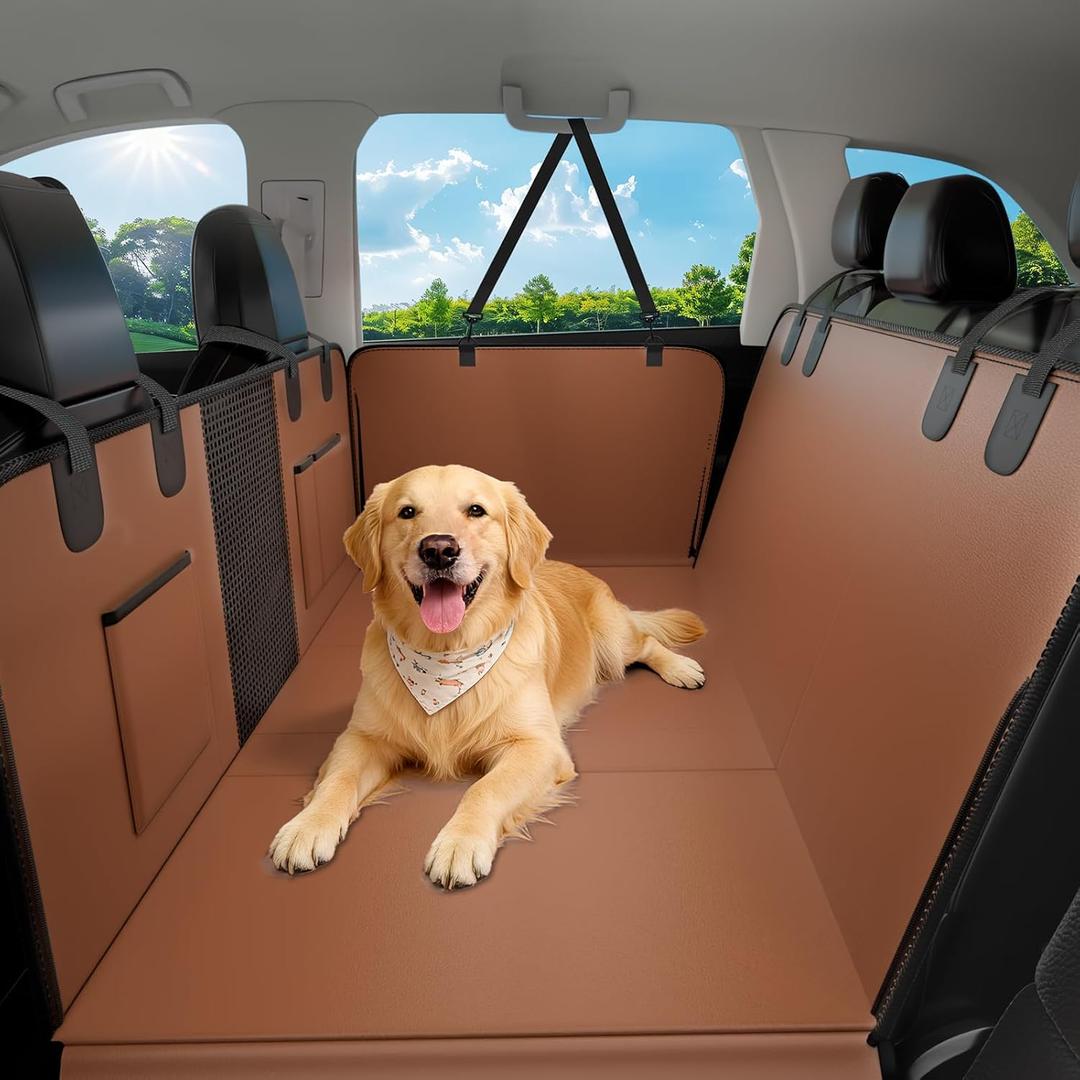 JKLESA Dog Car Seat Cover for Back Seat, 52"x65" Waterproof Hard-Bottom Hammock with Side Flaps, Heavy-Duty 450lbs, Non-Slip & Scratch-Proof PU Leather Protector for SUV, Truck & Sedan Brown