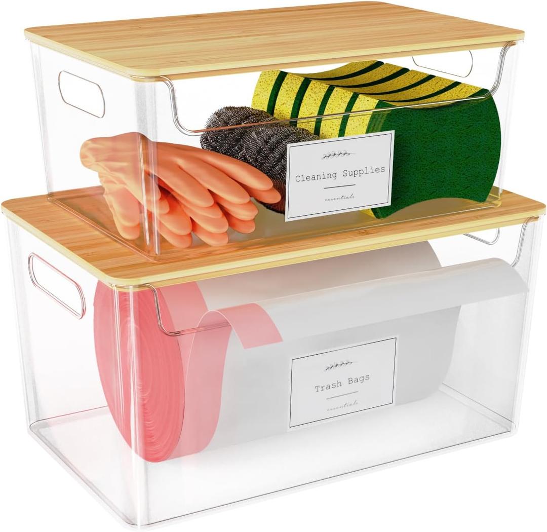 2 Pack Trash Bag Holder Under Sink Stackable, Plastic Garbage Dispenser with Lid, Trash Bag Storage Dispenser Roll Holder for Kitchen, Pantry, Laundry Room Organization