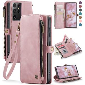 Defencase Compatible with Samsung Galaxy S21 Ultra Case Wallet with RFID Blocking Card Holder for Women Men, PU Leather Magnetic Snap Flip Zipper Strap Wallet Case Fit for Galaxy S21 Ultra 5G, Pink