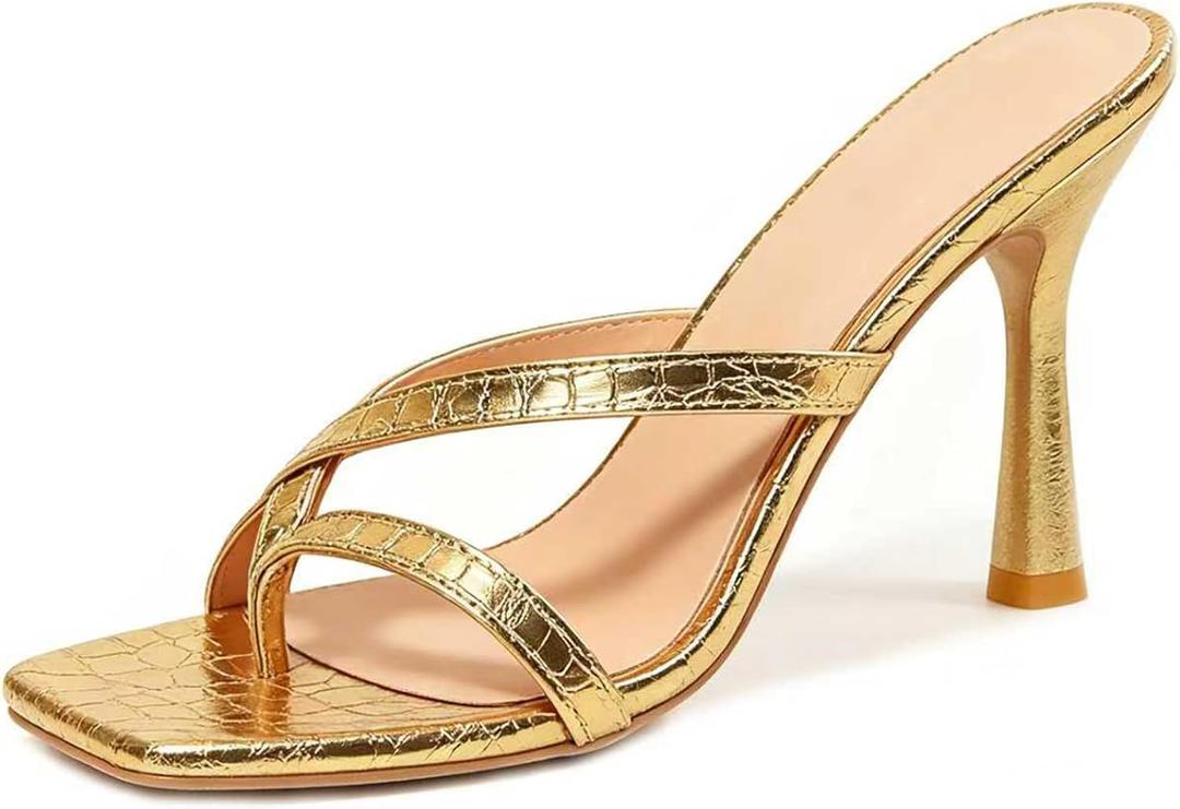 Women's Strappy Thong Heeled Sandals Square Open Toe Slip On Stiletto Heels Flip Flops Fashionable Sexy Backless Kitten Heel Slippers Shoes (Gold)