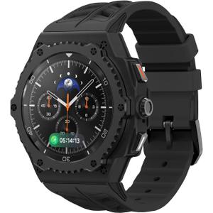 Luxury Case with Band for Samsung Galaxy Watch 8 Classic 46mm, Rugged Metal Face Cover with Rotatable Bezel and Tactical Silicone Strap Heavy Duty Protection for Men, Black