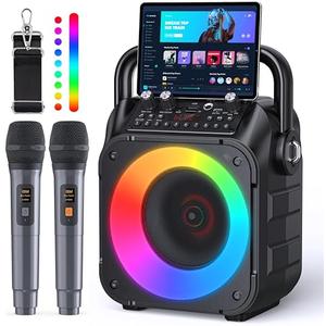 Karaoke Machine, Portable Bluetooth Speaker with 2 Wireless Microphones for Adults & Kids with Lights, Karaoke Microphone with PA System Supports USB/TF/REC/FM/AUX for Home Party