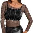 Women's Pearl Rhinestone See Through Long Sleeve Mesh Blouse One Piece Cover Up Halloween Festival Crop Top