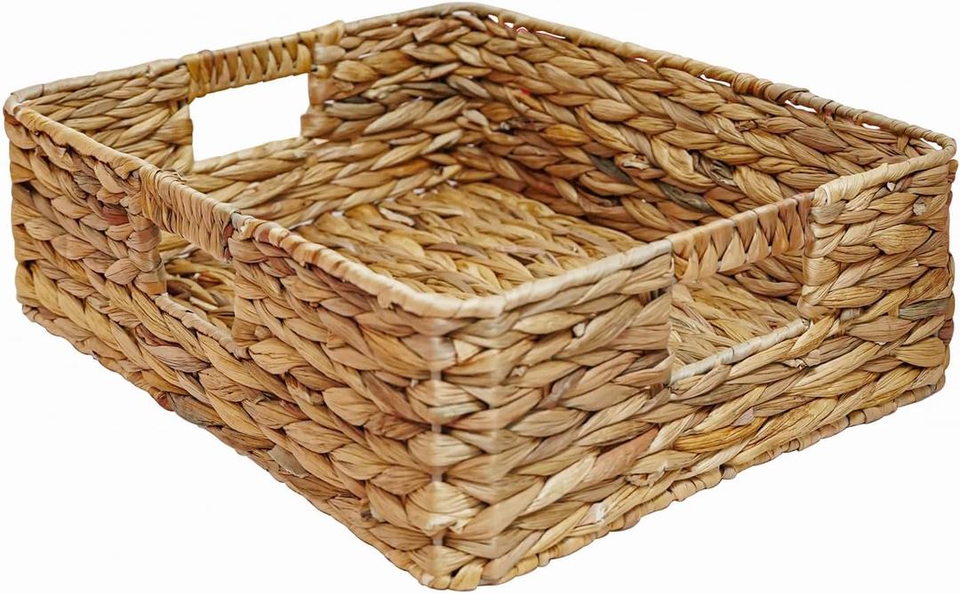 Rectangular Water Hyacinth Storage Baskets, Wicker Storage Baskets for Shelves, Square Shallow Basket, Woven Drawer Basket With Handle, 13 L x 10.6 W x 4.5 H