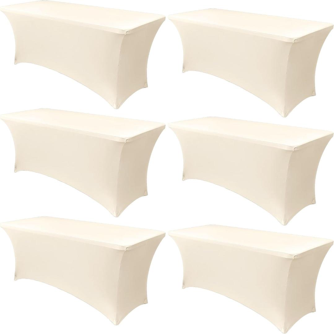 Obstal 6 Pack Stretch Spandex Table Covers for 6 Foot Tables - 6 FT Universal Rectangular Fitted Tablecloth Protector for Wedding, Banquet, Party (Cream, 72 Length x 30 Width x 30 Height Inches)